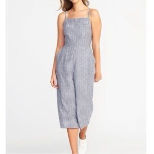 Old Navy Light Blue Gray and White Striped Square Neck Tank Cropped Jumpsuit
